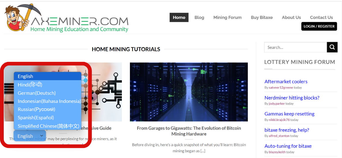 Site Axeminer com opção de alternar a linguagem MultiLipi