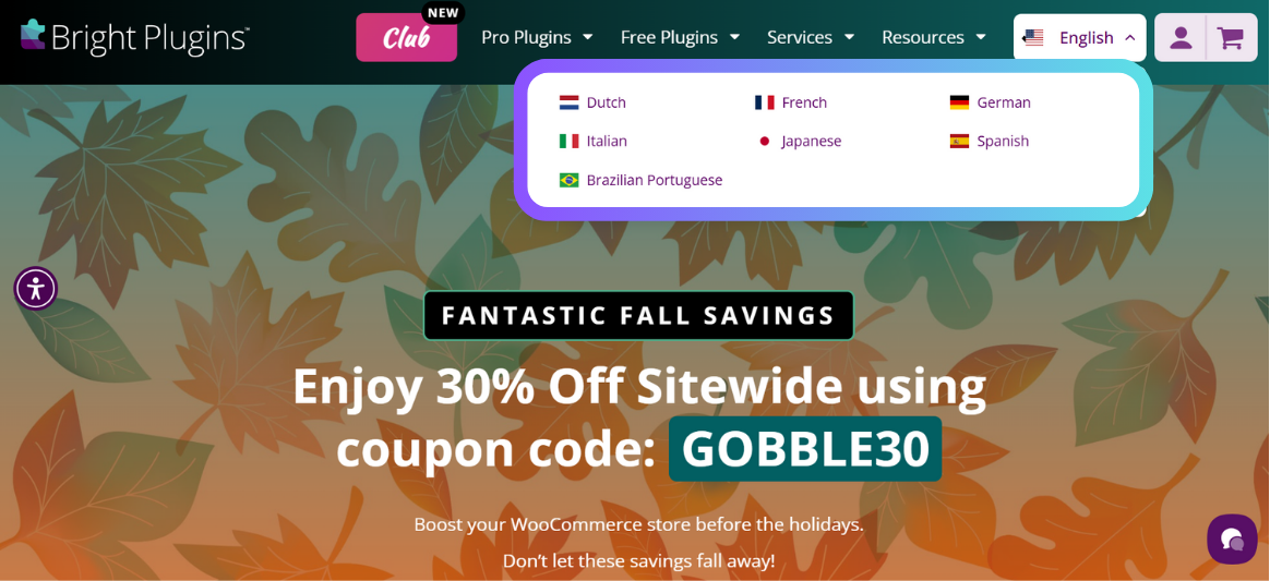 Site Bright Plugins com opção de alternância para a linguagem MultiLipi
